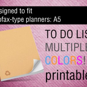 May include: A tan A5 planner with a curled-up page corner, featuring a recycling symbol. Text on the image reads "TO DO LIST MULTIPLE COLORS! printable" and "Designed to fit Filofax-type planners: A5".