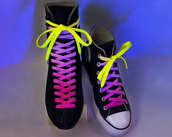 Full Tilt Rollerskate and Shoe Laces - hand dyed hot pink gradient with blacklight reactive neon yellow ends