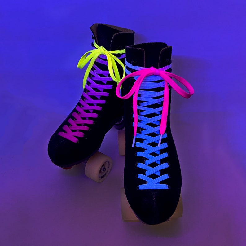 Mix it Up Neon Rollerskate Laces 96 mismatched hot pink and blue laces with contrast neon ends. Blacklight reactive image 2