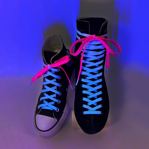 Electric Blue Rollerskate and Shoe Laces - hand dyed blue gradient with blacklight reactive neon pink ends