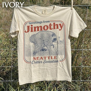 Pode incluir: Uma t-shirt de manga curta na cor marfim com uma estampa gráfica de um guaxinim. O texto diz Greetings from Jimothy, SEATTLE e Critter Sensation. O design inclui uma ilustração de linhas de um guaxinim e uma silhueta de cidade.