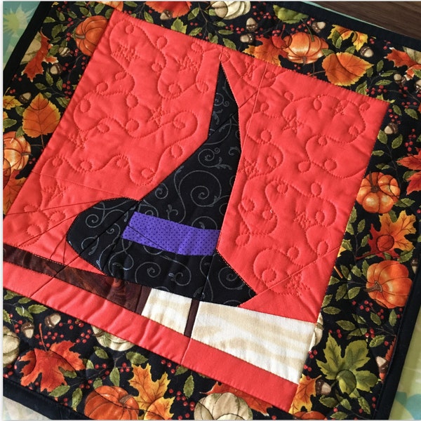 PDF Witch's Night out Quilt Block Pattern - 9 inch foundation paper pieced Halloween block, witch hat and broom