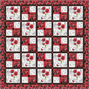 May include: A quilt block pattern featuring a repeating design of red poppies with white and black accents. The pattern is set against a white background with a black and white print of a Parisian scene.