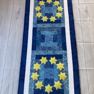 Hanukkah Stars Table Runner PDF Pattern, Holiday Decor Blue and Yellow