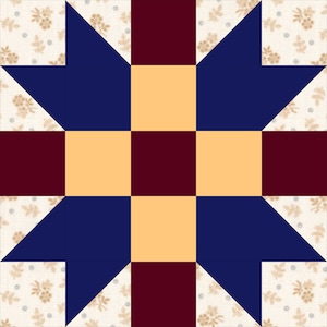 Könnte beinhalten: Ein Quiltblock mit einem Sternmuster. Der Stern ist dunkelblau, der Hintergrund ist hellbeige mit einem Blumenmuster und die Mitte ist ein Raster aus maroonfarbenen und pfirsichfarbenen Quadraten.