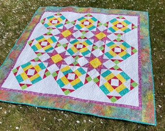 Bright Batik Star quilt pattern, lap size quilt in vibrant spring colors - Showy Stars