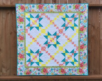 Daisy Garland Wall Hanging, lap Quilt, patchwork quilt, bright florals, Blue and Yellow, Floral fabric, Lap quilt or Wall hanging