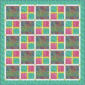 May include: A quilt block pattern with a grid of 16 squares. Each square has a different fabric pattern, with a combination of pink, yellow, and teal colors. The squares are outlined with white lines.