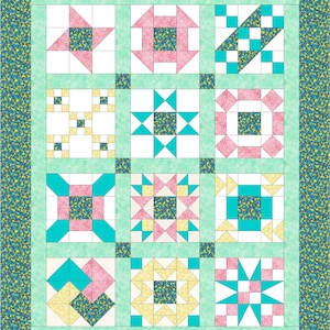 May include: A quilt block pattern with nine different designs. Each block features a combination of pink, yellow, white, and turquoise fabric squares. The blocks are arranged in a 3x3 grid.