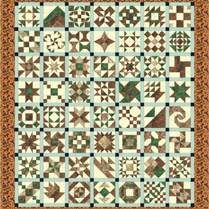 May include: A patchwork quilt featuring a variety of geometric patterns in shades of green, brown, and cream. The quilt has a light blue border around each square and a patterned brown border. The quilt is a traditional style.