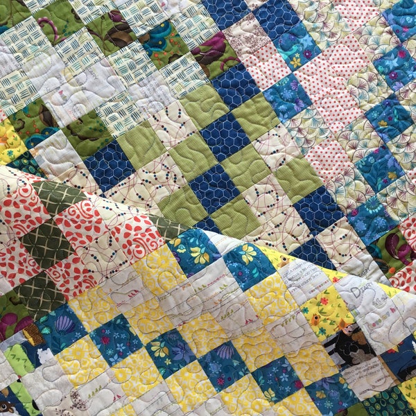Quilted Wall Hanging or Lap Blanket, Blue Green and Yellow, scrappy handmade patchwork quilt - farmhouse decor - cottage chic, one of a kind