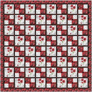May include: A white and red quilt with a repeating pattern of red flowers and butterflies. The quilt is made up of squares with a white background and a red border.