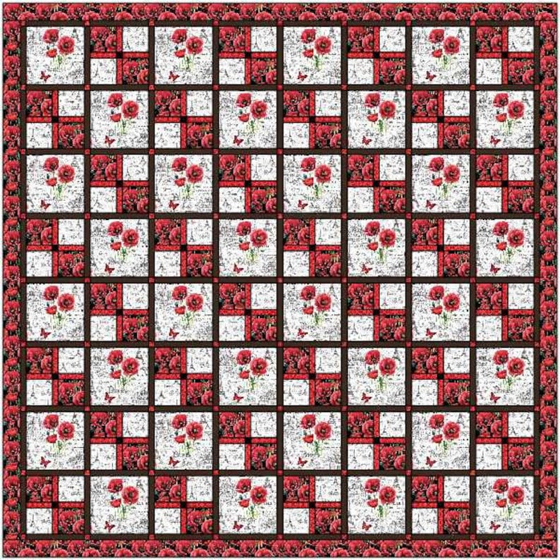 May include: A white and red quilt with a repeating pattern of red flowers and butterflies. The quilt is made up of squares with a white background and a red border.