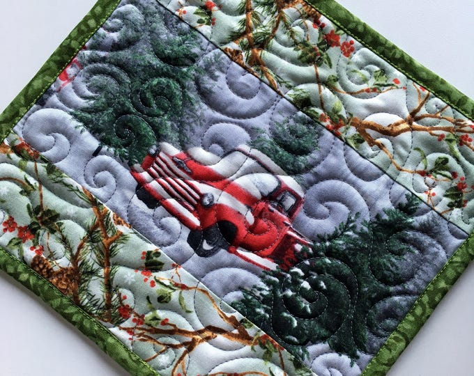 Christmas Mug Rug, Red Truck, Small Quilt, Large Coaster, Mug Rug, Christmas Gift, Stocking