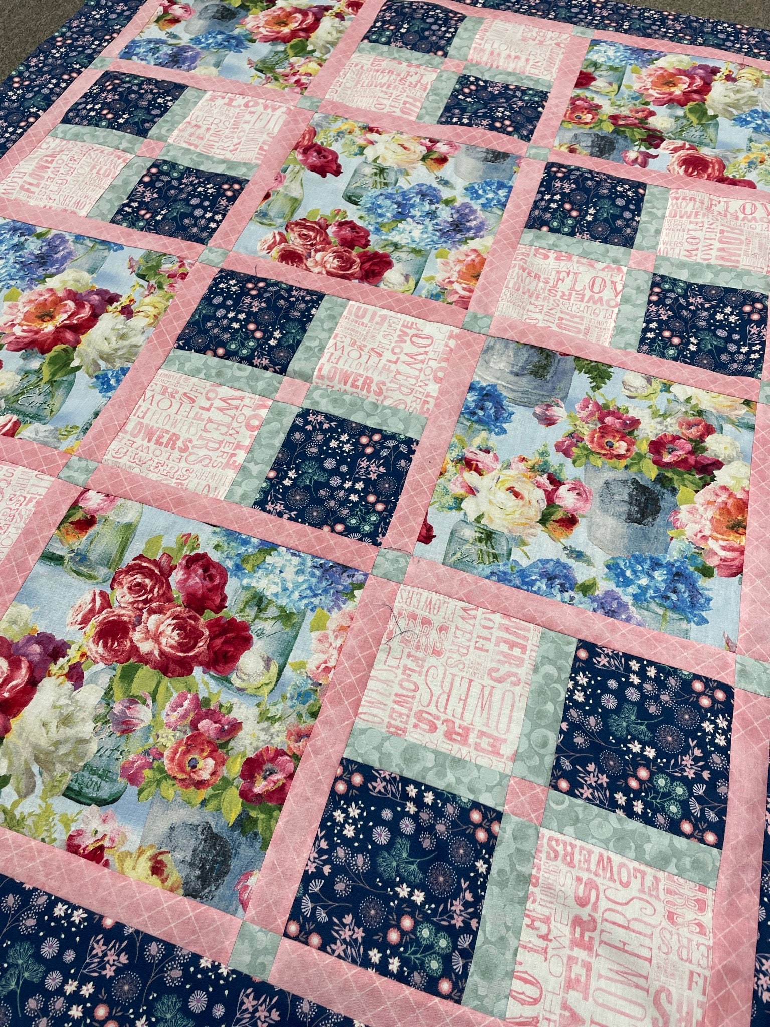 Embroidered Quaint Fabric Quilt 5 Blocks / Squares Piece 9 Square Vintage  Hand Done Baby Quilts / Pillows / Clothing Etc. 4 Pink 1 Blue 