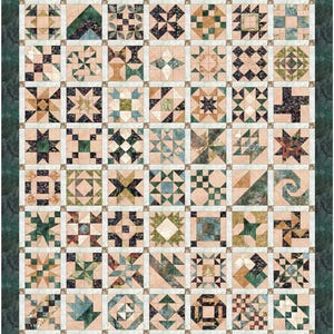 May include: A patchwork quilt with a variety of geometric patterns in shades of beige, green, and blue. The quilt features a dark green border and is composed of numerous squares, each with a unique design, creating a visually complex textile.