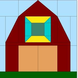 May include: A red barn with a yellow window and a teal door. The barn has a brown door and is sitting on a green lawn.