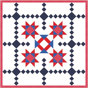 May include: A square quilt with a white background, featuring a repeating pattern of red, blue, and navy blue geometric shapes. The design includes red stars, blue and red diamond shapes, and a red border.