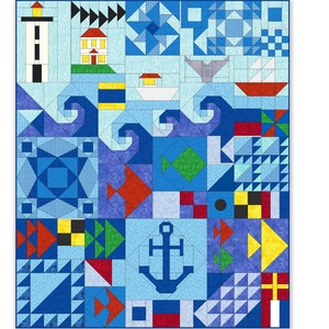 Seashore Splendor PDF Quilt Pattern - 60 x 72 without borders, nautical block patterns, modern sampler quilt, instant download