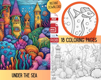Livre de coloriage Under the Sea, animaux de l'océan, maisons de sirènes (PDF)