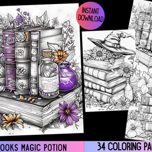 May include: A black and white illustration of a stack of books with a potion bottle, a cauldron, and flowers. The image is part of a set of 34 coloring pages. "Books Magic Potion" is written at the bottom of the image.