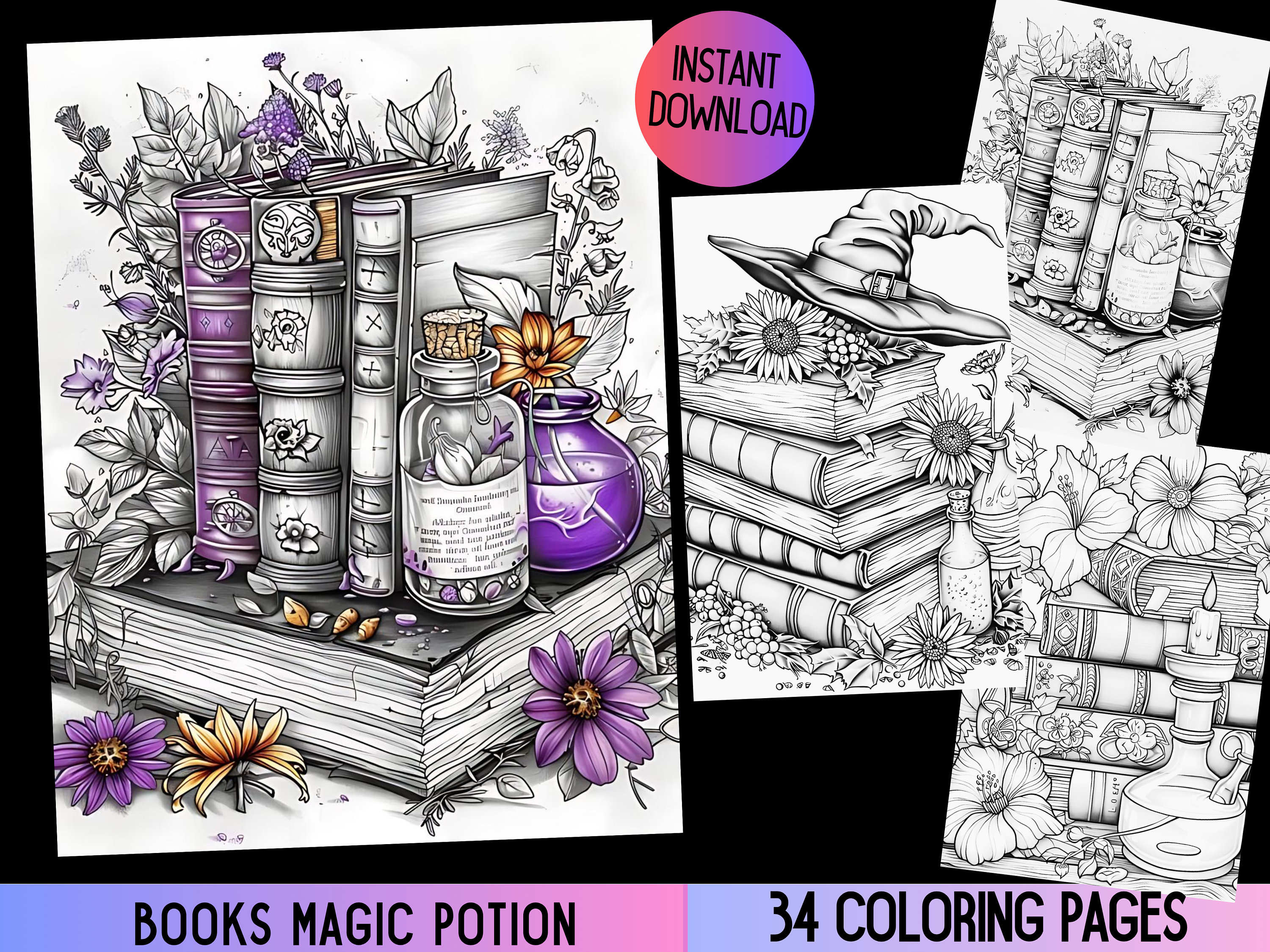 Potion Coloring Page for Adults | Witchy Fantasy Books Coloring Pages (Grayscale PDF)