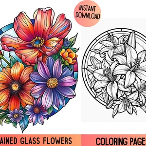 大人向けの花の塗り絵、大人向けの花の塗り絵の本、印刷可能な花の塗り絵、ステンドグラスの花の塗り絵