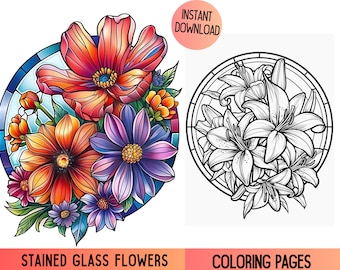Blumen Malseiten für Erwachsene, Blumen Malbuch für Erwachsene, Druckbare Blumen Malseiten, Glasmalerei Blumen Färbung
