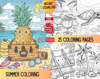 Beach Coloring Book, Tropical Summer Scenes (Digital Download)
