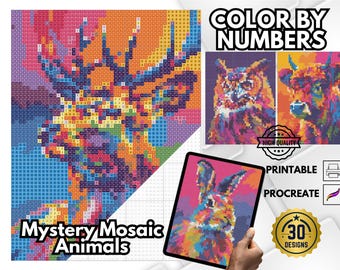 Mystery Mosaic Animals Coloring Book, Pixel Art Color by Number (PDF Pattern)