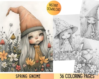 Gnome Grayscale Coloring Pages, Garden Scenes (PDF Pattern)