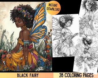 May include: A digital coloring page featuring a Black fairy with butterfly wings, wearing a yellow dress and a flower crown. The fairy is surrounded by flowers and greenery. The image includes the text "BLACK FAIRY" and "28 COLORING PAGES".