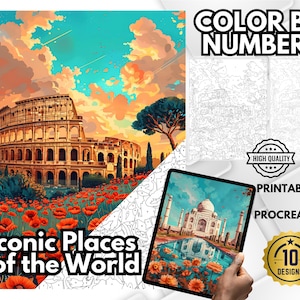 Landscape Color by Number Coloring Book, Relaxing Drawings for Adults, Easy Color by Number, Travel Posters, World Landmarks Art