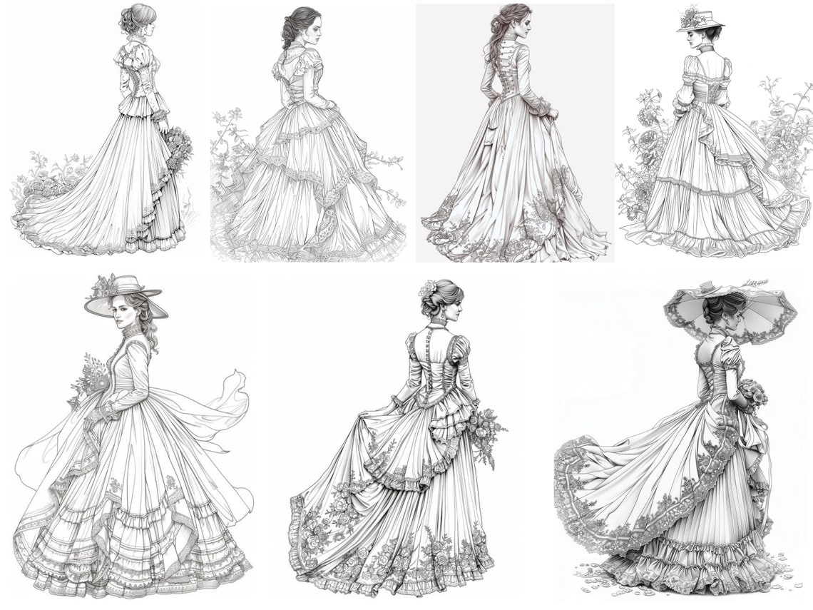 Victorian Dresses Coloring Pages, Victorian Fashion, Victorian Coloring, Printable Dress ...