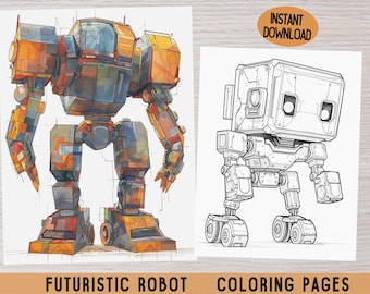 Könnte beinhalten: Eine Malvorlage mit zwei Robotern. Der erste Roboter ist ein großer, detaillierter, futuristischer Roboter mit einem gelben, orangefarbenen und blauen Farbschema. Der zweite Roboter ist ein kleinerer, einfacherer Roboter mit einem klobigen Design. Beide Roboter befinden sich in einer Gehposition.