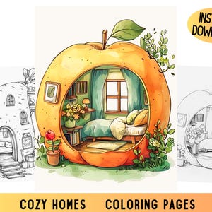 Könnte beinhalten: Eine Malvorlage mit zwei gemütlichen Häusern, eines in Form eines Apfels und das andere in Form eines Pilzes. Das Apfelhaus hat ein Schlafzimmer mit einem Bett, einem Fenster und einer Lampe. Das Pilzhaus hat eine Tür und ein Fenster. Beide Häuser sind von Grün umgeben.