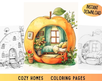 Libro para colorear de casas acogedoras, casas de frutas y verduras (descarga digital)