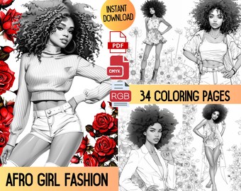 Afro Girl Fashion Coloring Book, Adult Fashion Illustrations (PDF Pattern)
