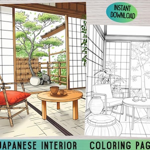 Japanese coloring, Japanese Interior, Interior Coloring, Japanese coloring book, Adult coloring, Home coloring pages, Minimalist coloring
