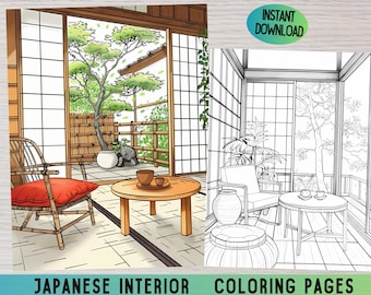 Japanese Interior Coloring Book, Minimalist Home (PDF Pattern)
