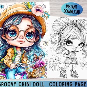 Chibi Coloring, Cute Chibi Book, Groovy Coloring Pages, Hippie Theme Coloring, Cute Coloring Book, Adorable Chibi, Chibi Printables