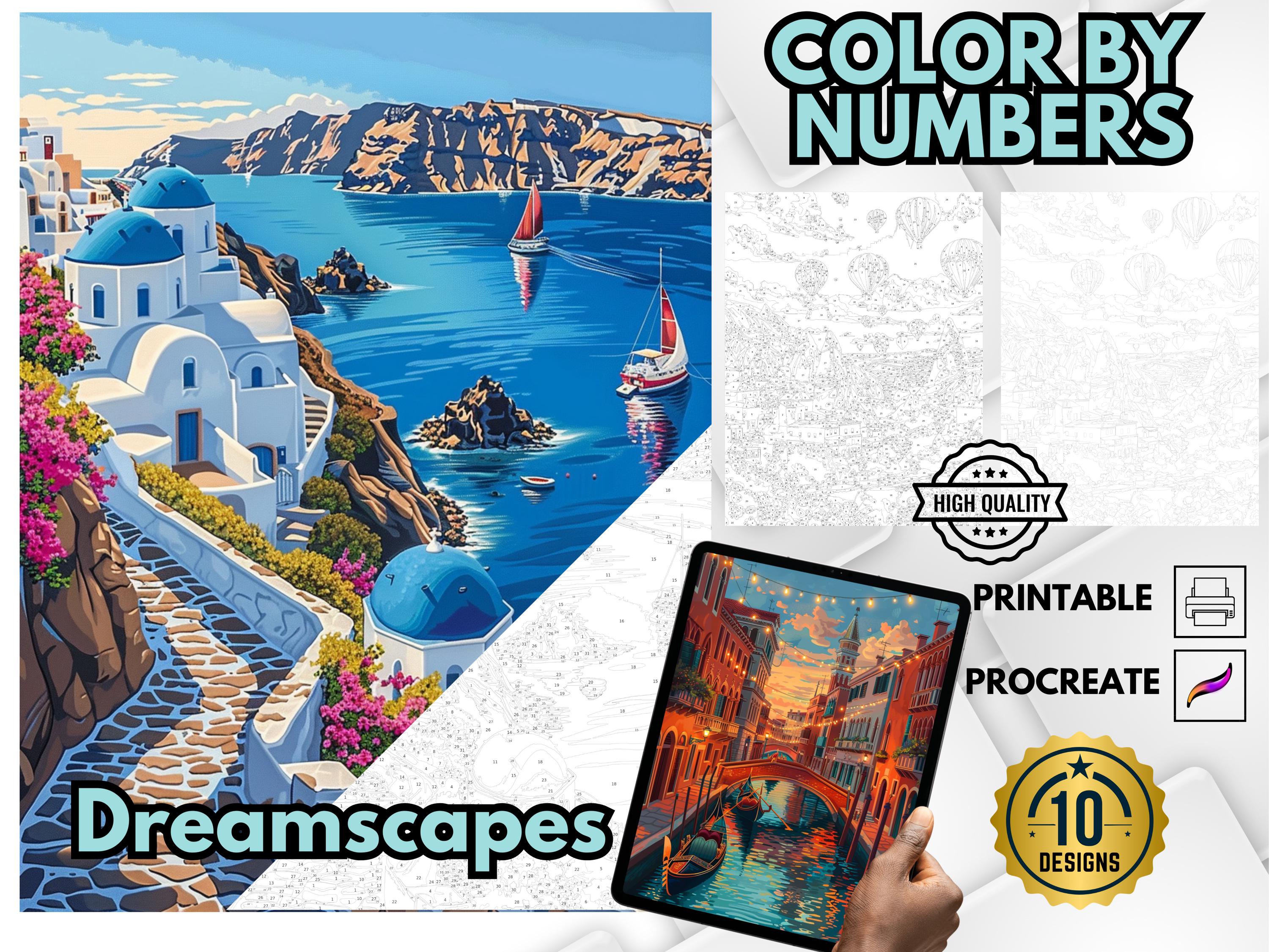 Color by Number Landscape Coloring Pages for Adults | Printable Paint by Numbers, Light & Dark Sets, Relaxing Scenery Art