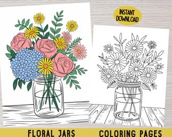 Blumenglas Malseiten - Druckbare Blumen Malvorlagen für Erwachsene und Kinder, mutiges und einfaches Blumenglas Malbuch, digitaler Download