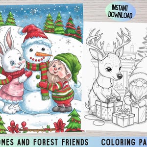 Christmas gnome coloring pages, Festive gnomes, Winter Woodland animals, Holiday coloring book, Winter coloring, Printable gnome coloring