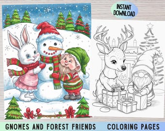 Dibujos para colorear de gnomos navideños, animales de invierno (descarga digital)