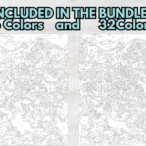 May include: Two paint-by-number landscape designs are shown, featuring a village nestled at the foot of a mountain range. The text at the top reads "INCLUDED IN THE BUNDLE: 16 Colours and 32 Colours". The designs are black and white with numbered sections.