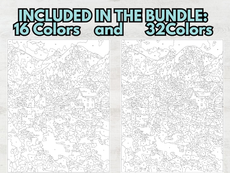 May include: Two paint-by-number landscape designs are shown, featuring a village nestled at the foot of a mountain range. The text at the top reads "INCLUDED IN THE BUNDLE: 16 Colours and 32 Colours". The designs are black and white with numbered sections.