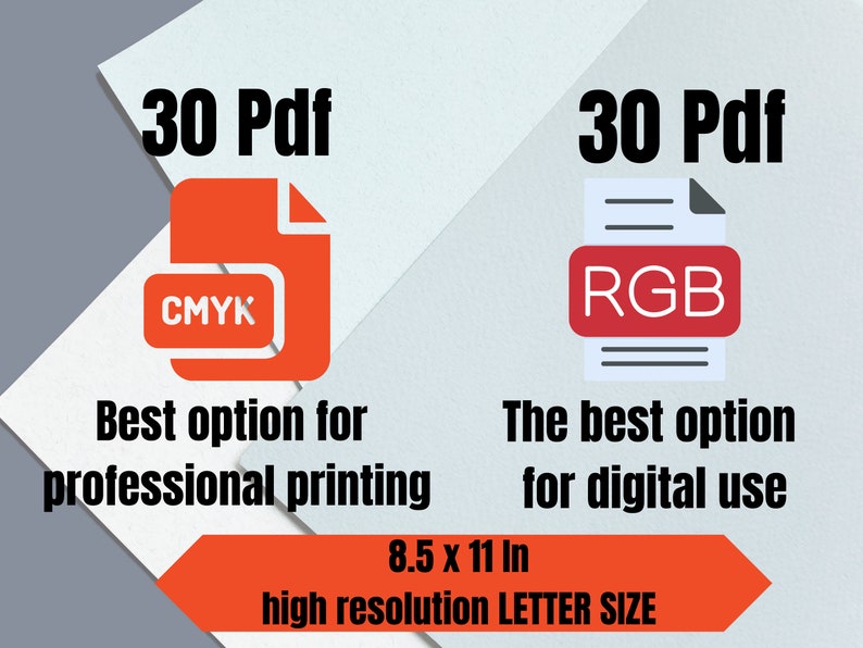 May include: Two orange PDF icons with text, one labeled CMYK and the other RGB, with the text "Best option for professional printing" and "The best option for digital use". The image also includes the text "8.5 x 11 in high resolution LETTER SIZE".