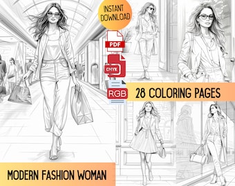 Libro para colorear de moda, páginas para colorear para adultos, mujeres elegantes (PDF)