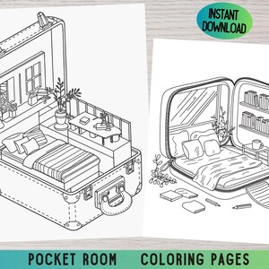 May include: Two black and white line drawings of a suitcase converted into a room. The first image shows a bed, a small table, and a plant. The second image shows a bed, a bookshelf, and a cup of coffee on a table. Both images have the text "Pocket Room Coloring Pages".